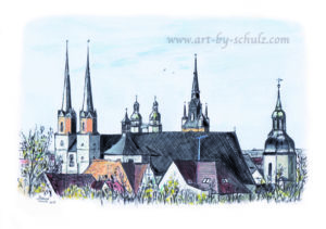 7 Türme, farbig, Halle (Saale), Sabine Schulz, Tusche, Tusche Verlag, Zeichnung