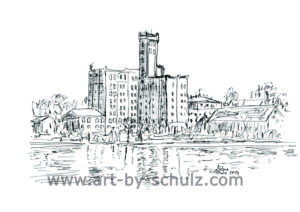 Böllberger Mühle, Halle (Saale), Sabine Schulz, Tusche, Tusche Verlag, Zeichnung