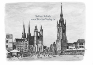 Markt, Sepia, Halle (Saale), Sabine Schulz, Tusche, Tusche Verlag, Zeichnung