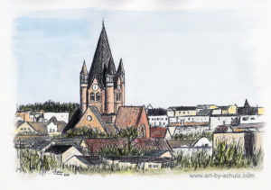 Pauluskirche, farbig, Halle (Saale), Sabine Schulz, Tusche, Tusche Verlag, Zeichnung