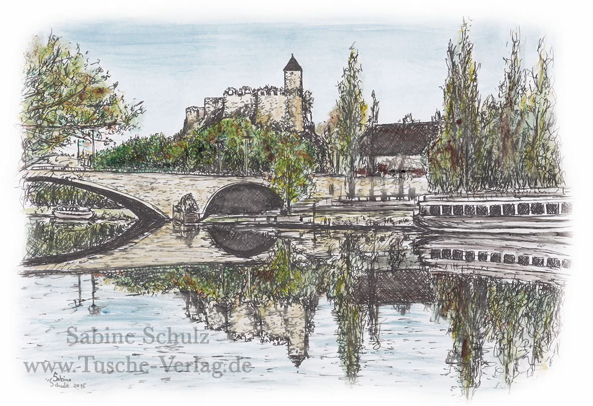 Burg Giebichenstein gespiegelt, farbig, Halle (Saale), Sabine Schulz, Tusche, Tusche Verlag, Zeichnung