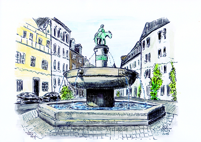 Eselsbrunnen, farbig, Halle (Saale), Sabine Schulz, Tusche, Tusche Verlag, Zeichnung