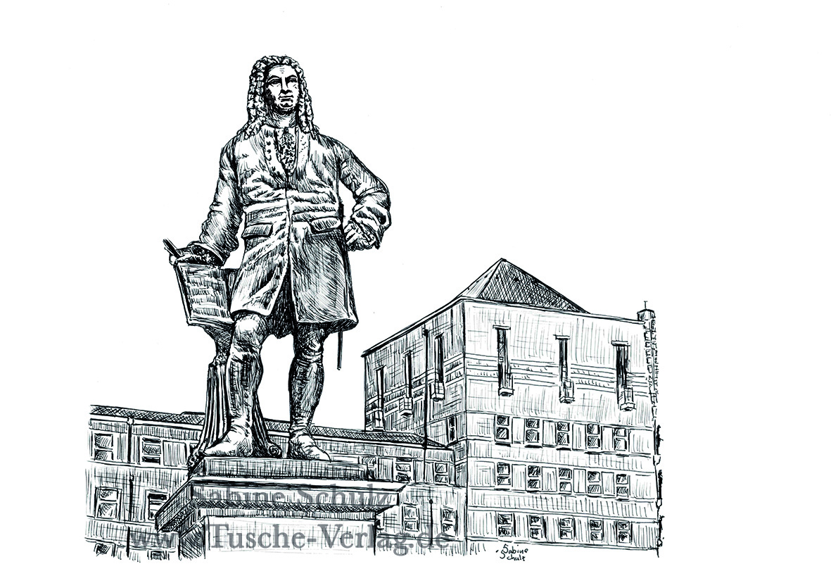 Händeldenkmal, Ratshof, Halle (Saale), Sabine Schulz, Tusche, Tusche Verlag, Zeichnung