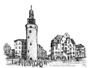 Leipziger Turm, Halle (Saale), Sabine Schulz, Tusche, Tusche Verlag, Zeichnung