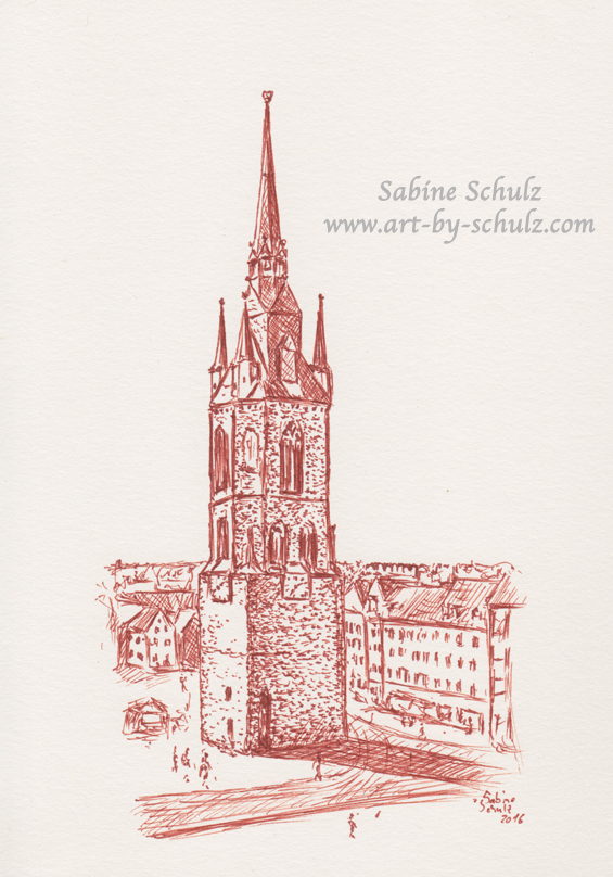 Roter Turm, Halle (Saale), Sabine Schulz, Tusche, Tusche Verlag, Zeichnung