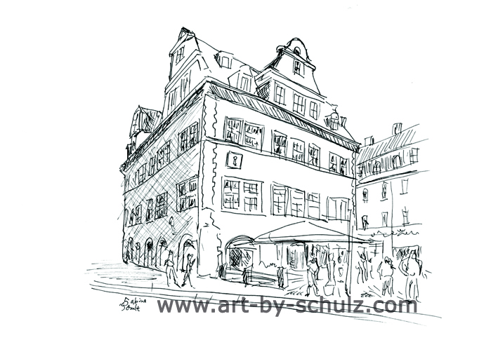 Marktschlösschen, Halle (Saale), Sabine Schulz, Tusche, Tusche Verlag, Zeichnung