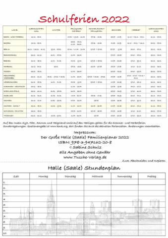 Familienplaner Halle 2022, Schulferien, Stundenplan Halle